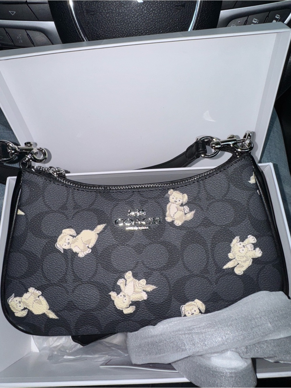 Coach Black Signature Canvas Teddy Print Shoulder Bag